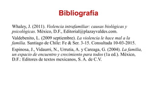 Bibliografía
Whaley, J. (2011). Violencia intrafamiliar: causas biológicas y
psicológicas. México, D.F., Editorial@plazayv...
