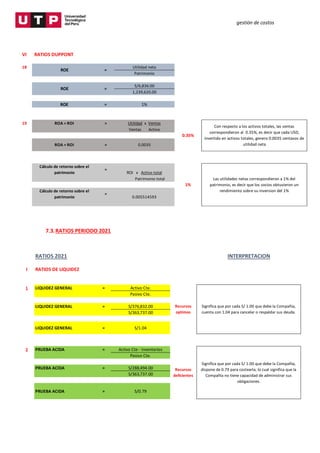 gestión de costos
7.3.RATIOS PERIODO 2021
VI RATIOS DUPPONT
18 Utilidad neta
Patrimonio
S/6,836.00
1,239,620.00
ROE = 1%
19 ROA = ROI = Utilidad x Ventas
Ventas Activo
Cálculo de retorno sobre el
patrimonio
=
ROI x Activo total
Patrimonio total
Cálculo de retorno sobre el
patrimonio
=
0.005514593
Con respecto a los activos totales, las ventas
correspondieron al 0.35%, es decir que cada USD,
invertido en activos totales, genero 0.0035 centavos de
utilidad neta
0.35%
1%
Las utilidades netas correspondieron a 1% del
patrimonio, es decir que los socios obtuvieron un
rendimiento sobre su inversion del 1%
ROE =
ROE =
ROA = ROI = 0.0035
RATIOS 2021 INTERPRETACION
I RATIOS DE LIQUIDEZ
1 LIQUIDEZ GENERAL = Activo Cte.
Pasivo Cte.
LIQUIDEZ GENERAL = S/376,832.00
S/363,737.00
LIQUIDEZ GENERAL = S/1.04
2 PRUEBA ACIDA = Activo Cte - Inventarios
Pasivo Cte.
PRUEBA ACIDA = S/288,494.00
S/363,737.00
PRUEBA ACIDA = S/0.79
Recursos
optimos
Recursos
deficientes
Significa que por cada S/ 1.00 que debe la Compañía,
cuenta con 1.04 para cancelar o respaldar sus deuda.
Significa que por cada S/ 1.00 que debe la Compañía,
dispone de 0.79 para costearla; lo cual significa que la
Compañía no tiene capacidad de administrar sus
obligaciones.
 