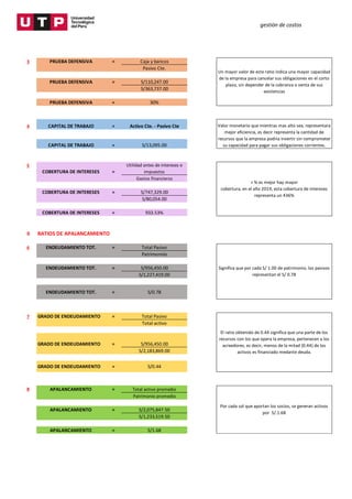 gestión de costos
3 PRUEBA DEFENSIVA = Caja y bancos
Pasivo Cte.
PRUEBA DEFENSIVA = S/110,247.00
S/363,737.00
PRUEBA DEFENSIVA = 30%
4 CAPITAL DE TRABAJO = Activo Cte. - Pasivo Cte
CAPITAL DE TRABAJO = S/13,095.00
5
COBERTURA DE INTERESES =
Utilidad antes de intereses e
impuestos
Gastos financieros
COBERTURA DE INTERESES = S/747,329.00
S/80,054.00
COBERTURA DE INTERESES = 933.53%
II RATIOS DE APALANCAMIENTO
6 ENDEUDAMIENTO TOT. = Total Pasivo
Patrimonnio
ENDEUDAMIENTO TOT. = S/956,450.00
S/1,227,419.00
ENDEUDAMIENTO TOT. = S/0.78
7 GRADO DE ENDEUDAMIENTO = Total Pasivo
Total activo
GRADO DE ENDEUDAMIENTO = S/956,450.00
S/2,183,869.00
GRADO DE ENDEUDAMIENTO = S/0.44
8 APALANCAMIENTO = Total activo promedio
Patrimonio promedio
APALANCAMIENTO = S/2,075,847.50
S/1,233,519.50
APALANCAMIENTO = S/1.68
Un mayor valor de este ratio indica una mayor capacidad
de la empresa para cancelar sus obligaciones en el corto
plazo, sin depender de la cobranza o venta de sus
existencias
Valor monetario que mientras mas alto sea, representara
mejor eficiencia, es decir representa la cantidad de
recursos que la empresa podria invertir sin comprometer
su capacidad para pagar sus obligaciones corrientes.
> % es mejor hay mayor
cobertura, en el año 2019, esta cobertura de intereses
representa un 436%
Significa que por cada S/ 1.00 de patrimonio, los pasivos
representan el S/ 0.78
El ratio obtenido de 0.44 significa que una parte de los
recursos con los que opera la empresa, pertenecen a los
acreedores, es decir, menos de la mitad (0.44) de los
activos es financiado medante deuda.
Por cada sol que aportan los socios, se generan activos
por S/.1.68
 