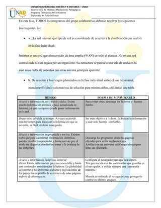 UNIVERSIDAD NACIONAL ABIERTA Y A DISTANCIA – UNAD
Vicerrectoría de Medios y Mediaciones Pedagógicas
Programa Formación de Formadores
Diplomado en Tutoría Virtual
En esta fase, TODOS los integrantes del grupo colaborativo, deberán resolver los siguientes
interrogantes, así:
• a. ¿La red internet que tipo de red es considerada de acuerdo a la clasificación que realizó
en la fase individual?
Internet es una red que abarca redes de área amplia (WAN) en todo el planeta. No es una red
centralizada ni está regida por un organismo. Su estructura se parece a una tela de araña en la
cual unas redes de conectan con otras sin una jerarquía aparente
• b. De acuerdo a los riesgos planteados en la fase individual sobre el uso de internet,
mencione 05(cinco) alternativas de solución para minimizarlos, utilizando una tabla
RIESGO FORMA DE MINIMIZARLO
Acceso a información poco fiable y falsa. Existe
mucha información errónea y poco actualizada en
Internet, ya que cualquiera puede poner información
en la red.
Para evitar virus, descarga los ficheros y fuentes
fiables
Dispersión, pérdida de tiempo. A veces se pierde
mucho tiempo para localizar la información que se
necesita, es fácil perderse navegando.
Ser más objetivo a la hora de buscar la información
y usar solo fuentes confiables.
Acceso a información inapropiada y nociva. Existen
webs que pese a contener información científica,
pueden resultar inapropiadas y hasta nocivas por el
modo en el que se abordan los temas o la crudeza de
las imágenes.
Descarga los programas desde las páginas
oficiales para evitar suplantaciones
Analiza con un antivirus todo lo que descargues
antes de ejecutarlo.
Acceso a información peligrosa, inmoral,
ilícita. Existe información poco recomendable y hasta
con contenidos considerados delictivos. La globalidad
de Internet y las diferentes culturas y legislaciones de
los países hacen posible la existencia de estas páginas
web en el ciberespacio.
Configura el navegador para que sea seguro.
Ten precaución con las contraseñas que guardas en
el navegador, y utiliza siempre una contraseña
maestra.
Mantén actualizado el navegador para protegerlo
contra los últimos ataques
 