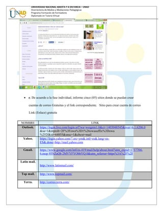 UNIVERSIDAD NACIONAL ABIERTA Y A DISTANCIA – UNAD
Vicerrectoría de Medios y Mediaciones Pedagógicas
Programa Formación de Formadores
Diplomado en Tutoría Virtual
• e. De acuerdo a la fase individual, informe cinco (05) sitios donde se puedan crear
cuentas de correo Gratuitas y el link correspondiente. Sitio para crear cuenta de correo
Link (Enlace) gratuita
NOMBRE LINK
Outlook. https://login.live.com/login.srf?wa=wsignin1.0&ct=1403048545&rver=6.1.6206.0
&sa=1&ntprob=2F%3Fowa%3D1%26owasuffix%3Dowa
%252f&id=64855&snsc=1&cbcxt=mail
Yahoo. https://login.yahoo.com/?.src=ym&.intl=es&.lang=es-
ES&.done=http://mail.yahoo.com
Gmail. https://www.google.com/intl/es-419/mail/help/about.html?utm_expid=1737704-
6.mop 95NZaQb 2MVYFYObbYQ.0&utm_referrer=https%3A%2F%2F
Latin mail.
http://www.latinmail.com/
Top mail. http://www.topmail.com/
Terra. http://correo.terra.com/
 