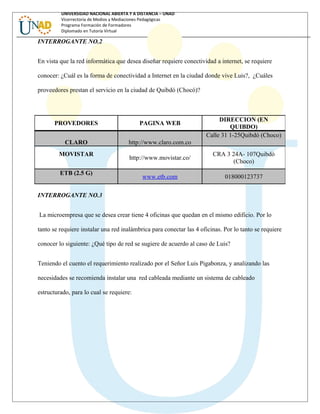 UNIVERSIDAD NACIONAL ABIERTA Y A DISTANCIA – UNAD
Vicerrectoría de Medios y Mediaciones Pedagógicas
Programa Formación de Formadores
Diplomado en Tutoría Virtual
INTERROGANTE NO.2
En vista que la red informática que desea diseñar requiere conectividad a internet, se requiere
conocer: ¿Cuál es la forma de conectividad a Internet en la ciudad donde vive Luis?, ¿Cuáles
proveedores prestan el servicio en la ciudad de Quibdó (Chocó)?
INTERROGANTE NO.3
La microempresa que se desea crear tiene 4 oficinas que quedan en el mismo edificio. Por lo
tanto se requiere instalar una red inalámbrica para conectar las 4 oficinas. Por lo tanto se requiere
conocer lo siguiente: ¿Qué tipo de red se sugiere de acuerdo al caso de Luis?
Teniendo el cuento el requerimiento realizado por el Señor Luis Pigabonza, y analizando las
necesidades se recomienda instalar una red cableada mediante un sistema de cableado
estructurado, para lo cual se requiere:
PROVEDORES PAGINA WEB
DIRECCION (EN
QUIBDO)
CLARO http://www.claro.com.co
Calle 31 1-25Quibdó (Choco)
MOVISTAR
http://www.movistar.co/
CRA 3 24A- 107Quibdó
(Choco)
ETB (2.5 G)
www.etb.com 018000123737
 