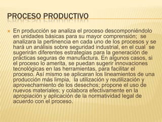 PROCESO PRODUCTIVO
   En producción se analiza el proceso descomponiéndolo
    en unidades básicas para su mayor comprensión; se
    analizara la pertinencia en cada uno de los procesos y se
    hará un análisis sobre seguridad industrial, en el cual se
    sugerirán diferentes estrategias para la generación de
    prácticas seguras de manufactura. En algunos casos, si
    el proceso lo amerita, se puedan sugerir innovaciones
    tecnológicas en las herramientas, para facilitar el
    proceso. Así mismo se aplicaran los lineamientos de una
    producción más limpia, la utilización y reutilización y
    aprovechamiento de los desechos; propone el uso de
    nuevos materiales; y colabora efectivamente en la
    apropiación y aplicación de la normatividad legal de
    acuerdo con el proceso.
 