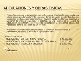 ADECUACIONES Y OBRAS FÍSICAS
   Teniendo en cuenta la proyección que se tiene para el proyecto se necesita una
    oficina donde pueda funcionar la empresa, donde se pueda atender los clientes,
    ofrecer los productos correspondientes y llevar la asistencia técnica, operativa y
    funcional de manera agradable y satisfactoria. Así mismo es necesario la
    adecuación de un taller operativo donde se realizaran las diferentes actividades
    y procesos para la obtención de un producto.

   Analizando lo anteriormente mencionado la inversión inicial asciende a          $
    63.000.000 , tal como lo muestra el siguiente cuadro:

Total inversión inicial.
1. INVERSION EN OBRAS FISICAS OFICINA                           $ 40.000.000
2. INVERSION EN MAQUINARIA Y TALLER OPERATIVO                   $ 18.000.000
3. INVERSION EN MUEBLES Y ENSERES                               $ 5.000.0000

TOTAL                                                                     $
  63.000.000
 