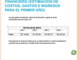 FINANCIERO (ESTIMACIÓN DE
COSTOS, GASTOS E INGRESOS
PARA EL PRIMER AÑO)
 
