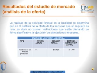 “Por la Calidad Educativa y la Equidad Social”
Resultados del estudio de mercado
(análisis de la oferta)
La realidad de la actividad forestal en la localidad se determina
que en el análisis de la oferta de los servicios que se requiere es
nula, es decir no existen instituciones que estén ofertando en
forma significativa la ejecución de plantaciones forestales.
BALANCE DE LA OFERTA Y LA DEMANDA
TIPO OFERTA
ACTUAL
DEMANDA
ACTUAL
DEMANDA
INSATISFECHA
ACTUAL
Plantaciones con
fines de
protección
0 214.704 - 214.704
 