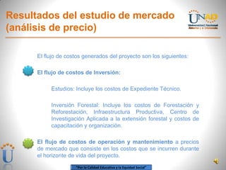 “Por la Calidad Educativa y la Equidad Social”
Resultados del estudio de mercado
(análisis de precio)
El flujo de costos generados del proyecto son los siguientes:
El flujo de costos de Inversión:
Estudios: Incluye los costos de Expediente Técnico.
Inversión Forestal: Incluye los costos de Forestación y
Reforestación, Infraestructura Productiva, Centro de
Investigación Aplicada a la extensión forestal y costos de
capacitación y organización.
El flujo de costos de operación y mantenimiento a precios
de mercado que consiste en los costos que se incurren durante
el horizonte de vida del proyecto.
 