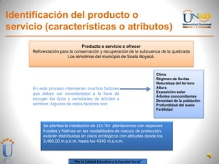 “Por la Calidad Educativa y la Equidad Social”
Identificación del producto o
servicio (características o atributos)
En este proceso intervienen muchos factores
que deben ser considerados a la hora de
escoger los tipos y variedades de árboles a
sembrar. Algunos de estos factores son:
Producto o servicio a ofrecer
Reforestación para la conservación y recuperación de la subcuenca de la quebrada
Los remolinos del municipio de Soata Boyacá.
Clima
Régimen de lluvias
Naturaleza del terreno
Altura
Exposición solar
Árboles concomitantes
Densidad de la población
Profundidad del suelo
Fertilidad
Se plantea la instalación de 214.704 plantaciones con especies
frutales y Nativas en las modalidades de macizo de protección;
estarán distribuidas en pisos ecológicos con altitudes desde los
3,460.00 m.s.n.m. hasta los 4340 m.s.n.m.
 