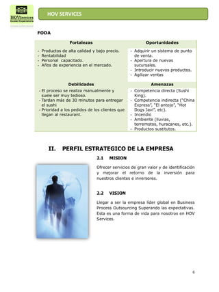 HOV SERVICES


FODA

                    Fortalezas                             Oportunidades

-    Productos de alta calidad y bajo precio.       - Adquirir un sistema de punto
-    Rentabilidad                                     de venta.
-    Personal capacitado.                           - Apertura de nuevas
-    Años de experiencia en el mercado.               sucursales.
                                                    - Introducir nuevos productos.
                                                    - Agilizar ventas

                   Debilidades                                Amenazas
    - El proceso se realiza manualmente y           - Competencia directa (Sushi
      suele ser muy tedioso.                          King).
    - Tardan más de 30 minutos para entregar        - Competencia indirecta (“China
      el sushi                                        Express”, “El antojo”, “Hot
    - Prioridad a los pedidos de los clientes que     Dogs Javi”, etc).
      llegan al restaurant.                         - Incendio
                                                    - Ambiente (lluvias,
                                                      terremotos, huracanes, etc.).
                                                    - Productos sustitutos.




        II.     PERFIL ESTRATEGICO DE LA EMPRESA
                                  2.1    MISION

                                  Ofrecer servicios de gran valor y de identificación
                                  y mejorar el retorno de la inversión para
                                  nuestros clientes e inversores.


                                  2.2    VISION

                                  Llegar a ser la empresa líder global en Business
                                  Process Outsourcing Superando las expectativas.
                                  Esta es una forma de vida para nosotros en HOV
                                  Services.




                                                                                     6
 
