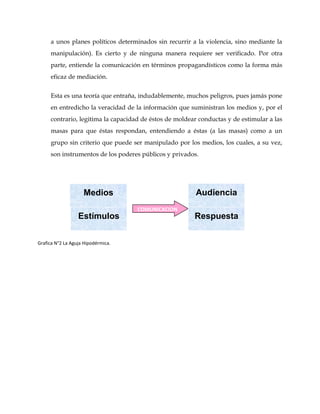COMUNICACION
Medios
Estímulos
Audiencia
Respuesta
a unos planes políticos determinados sin recurrir a la violencia, sino mediante la
manipulación). Es cierto y de ninguna manera requiere ser verificado. Por otra
parte, entiende la comunicación en términos propagandísticos como la forma más
eficaz de mediación.
Esta es una teoría que entraña, indudablemente, muchos peligros, pues jamás pone
en entredicho la veracidad de la información que suministran los medios y, por el
contrario, legitima la capacidad de éstos de moldear conductas y de estimular a las
masas para que éstas respondan, entendiendo a éstas (a las masas) como a un
grupo sin criterio que puede ser manipulado por los medios, los cuales, a su vez,
son instrumentos de los poderes públicos y privados.
Grafica N°2 La Aguja Hipodérmica.
 