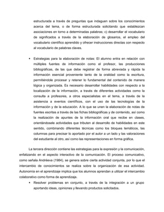 estructurada a través de preguntas que indaguen sobre los conocimientos
acerca del tema, o de forma estructurada solicitando que establezcan
asociaciones en torno a determinadas palabras; c) desarrollar el vocabulario
de significados a través de la elaboración de glosarios, el empleo del
vocabulario científico aprendido y ofrecer instrucciones directas con respecto
al vocabulario de palabras claves.
 Estrategias para la elaboración de notas: El alumno entra en relación con
múltiples fuentes de información como el profesor, las producciones
bibliográficas, de las que debe registrar de forma abreviada y rápida la
información esencial proveniente tanto de la oralidad como la escritura,
permitiéndole procesar y retener lo fundamental del contenido de manera
lógica y organizada. Es necesario desarrollar habilidades con respecto a la
localización de la información, a través de diferentes actividades como la
consulta a profesores, a otros especialistas en el tema, a través de la
asistencia a eventos científicos, con el uso de las tecnologías de la
información y de la educación. A lo que se unen la elaboración de notas de
fuentes escritas a través de las fichas bibliográficas y de contenido, así como
la realización de apuntes de la información oral que recibe en clases,
orientándosele actividades que tributen al desarrollo de habilidades en este
sentido, combinando diferentes técnicas como los bloques temáticos, las
columnas para precisar lo aportado por el autor a un lado y las valoraciones
del estudiante al otro, así como las representaciones en forma gráfica.
La tercera dirección contiene las estrategias para la expresión y la comunicación,
enfatizando en el aspecto interactivo de la comunicación. El proceso comunicativo,
como señala Andréeva (1984), se genera sobre cierta actividad conjunta, por lo que el
intercambio de conocimientos se realiza sobre la organización de esa actividad.
Autonomía en el aprendizaje implica que los alumnos aprendan a utilizar el intercambio
colaborativo como forma de aprendizaje.
 Resolver problemas en conjunto, a través de la integración a un grupo
aportando ideas, opiniones y llevando productos solicitados.
 