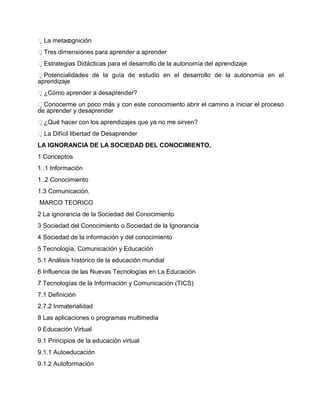 La metacognición
Tres dimensiones para aprender a aprender
Estrategias Didácticas para el desarrollo de la autonomía del aprendizaje
Potencialidades de la guía de estudio en el desarrollo de la autonomía en el
aprendizaje
¿Cómo aprender a desaprender?
Conocerme un poco más y con este conocimiento abrir el camino a iniciar el proceso
de aprender y desaprender
¿Qué hacer con los aprendizajes que ya no me sirven?
La Difícil libertad de Desaprender
LA IGNORANCIA DE LA SOCIEDAD DEL CONOCIMIENTO,
1 Conceptos
1 .1 Información
1 .2 Conocimiento
1.3 Comunicación.
MARCO TEORICO
2 La ignorancia de la Sociedad del Conocimiento
3 Sociedad del Conocimiento o Sociedad de la Ignorancia
4 Sociedad de la información y del conocimiento
5 Tecnología, Comunicación y Educación
5.1 Análisis histórico de la educación mundial
6 Influencia de las Nuevas Tecnologías en La Educación
7 Tecnologías de la Información y Comunicación (TICS)
7.1 Definición
2.7.2 Inmaterialidad
8 Las aplicaciones o programas multimedia
9 Educación Virtual
9.1 Principios de la educación virtual
9.1.1 Autoeducación
9.1.2 Autoformación
 