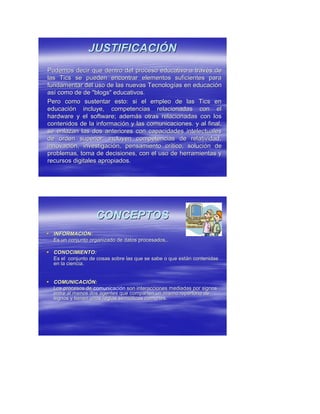 JUSTIFICACIJUSTIFICACIÓÓNN
Podemos decir que dentro del proceso educativo a travPodemos decir que dentro del proceso educativo a travéés des de
las Tics se pueden encontrar elementos suficientes paralas Tics se pueden encontrar elementos suficientes para
fundamentar del uso de las nuevas Tecnologfundamentar del uso de las nuevas Tecnologíías en educacias en educacióónn
asasíí como decomo de dede "blogs" educativos."blogs" educativos.
PeroPero como sustentar esto: si el empleo de las Tics encomo sustentar esto: si el empleo de las Tics en
educacieducacióón incluye, competencias relacionadas con eln incluye, competencias relacionadas con el
hardware y el software; ademhardware y el software; ademáás otras relacionadas con loss otras relacionadas con los
contenidos de la informacicontenidos de la informacióón y las comunicaciones. y al final,n y las comunicaciones. y al final,
se enlazan las dos anteriores con capacidades intelectualesse enlazan las dos anteriores con capacidades intelectuales
de orden superior: incluyen competencias de relatividad,de orden superior: incluyen competencias de relatividad,
innovaciinnovacióón, investigacin, investigacióón, pensamiento crn, pensamiento críítico, solucitico, solucióón den de
problemas, toma de decisiones, con el uso de herramientas yproblemas, toma de decisiones, con el uso de herramientas y
recursos digitales apropiados.recursos digitales apropiados.
CONCEPTOSCONCEPTOS
 INFORMACIINFORMACIÓÓN:N:
Es un conjunto organizado de datos procesados,.Es un conjunto organizado de datos procesados,.
 CONOCIMIENTO:CONOCIMIENTO:
Es el conjunto de cosas sobre las que se sabe o que estEs el conjunto de cosas sobre las que se sabe o que estáán contenidasn contenidas
en la ciencia.en la ciencia.
 COMUNICACICOMUNICACIÓÓN:N:
Los procesos deLos procesos de comunicación son interacciones mediadas por signosson interacciones mediadas por signos
entre al menos dos agentes que comparten un mismo repertorio deentre al menos dos agentes que comparten un mismo repertorio de
signos y tienen unas reglas semisignos y tienen unas reglas semióóticas comunes.ticas comunes.
 