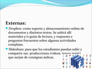 Externas:
Dropbox: como soporte y almacenamiento online de

documentos y distintos textos. Se subirá allí
materiales y/o guías de lectura, y respuesta a
preguntas frecuentes sobre algunas actividades
complejas.
Slideshare: para que los estudiantes puedan subir y
compartir sus producciones (videos, power point)
que surjan de consignas áulicas.

 