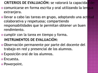 CRITERIOS DE EVALUACIÓN: se valorará la capacidad de:
 comunicarse en forma escrita y oral utilizando la lengua
extranjera.
 llevar a cabo las tareas en grupo, adoptando una actitud
colaborativa y respetuosa; compartiendo
responsabilidades que le permitan obtener un buen
rendimiento.
 cumplir con la tarea en tiempo y forma.
INSTRUMENTOS DE EVALUACIÓN:
 Observación permanente por parte del docente del
trabajo en red y presencial de los alumnos.
 Exposición oral de los alumnos.
 Encuesta.
 Powerpoint.

 