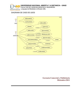 UNIVERSIDAD NACIONAL ABIERTA Y A DISTANCIA – UNAD
         FACULTAD DE CIENCIAS BASICAS E INGENIERIA
         Lenguaje de Modelado Unificado UML

DIAGRAMA DE CASO DE USOS




                                   Gerencia Comercial y Publicitaria
                                                   Diciembre/2011
 