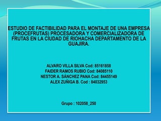 ESTUDIO DE FACTIBILIDAD PARA EL MONTAJE DE UNA EMPRESA
  (PROCEFRUTAS) PROCESADORA Y COMERCIALIZADORA DE
 FRUTAS EN LA CIUDAD DE RIOHACHA DEPARTAMENTO DE LA
                        GUAJIRA.



               ALVARO VILLA SILVA Cod: 85161858
              FAIDER RAMOS RUBIO Cod: 84085110
            NESTOR A. SÁNCHEZ PANA Cod: 84455149
                ALEX ZUÑIGA B. Cod : 84032953



                     Grupo : 102058_250
 