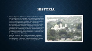 HISTORIA
• Grupos Popolocas, Chándaras Mixtecos y Nahuas, llegaron
y se establecieron en éste lugar en la época prehispánica.En
el siglo XIX perteneció al antiguo distrito de Tehuacán, y en
1895 se constituyó como municipio libre, siendo la cabecera
municipal San Sebastián Zinacatepec. El municipio
pertenece a la Suenca del Papaloapan, es recorrido por dos
ríos importantes al noreste es bañado por el Zicastla, que
nace en las áreas septentrionales de la Sierra de Zongolica y
desemboca en el Tehuacán. Al oeste es recorrido por el río
Tehuacán, proveniente de los manantiales cercanos a Santa
María del Monte en la Sierra de Zongolica y que cruza todo
lo largo del Valle de Tehuacán,.
• El río de Tehuacán, más al sur, cambia por el nombre de
Salado, y se constituye en uno de los principales formadores
del Papaloapan. Por último, el municipio presenta algunos
canales de riego al sur. Cuenta con 4 pozos profundos.
 