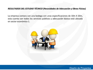 RESULTADOS DEL ESTUDIO TÉCNICO (Necesidades de Adecuación y Obras Físicas)
La empresa contara con una bodega con unas especificaciones de 10m X 20m,
esta cuenta con todos los servicios públicos y adecuación básica está ubicada
en sector económico 1.

Diseño de Proyectos

 