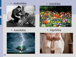 ●

●

11

Androfobia

Astrofobia

●

●

Antofobia

Algofobia

 