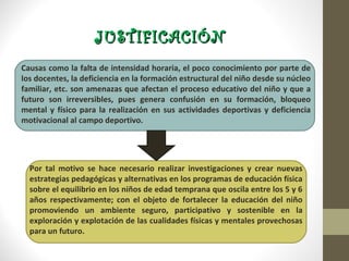 JUSTIFICACIÓN
Causas como la falta de intensidad horaria, el poco conocimiento por parte de
los docentes, la deficiencia en la formación estructural del niño desde su núcleo
familiar, etc. son amenazas que afectan el proceso educativo del niño y que a
futuro son irreversibles, pues genera confusión en su formación, bloqueo
mental y físico para la realización en sus actividades deportivas y deficiencia
motivacional al campo deportivo.




  Por tal motivo se hace necesario realizar investigaciones y crear nuevas
  estrategias pedagógicas y alternativas en los programas de educación física
  sobre el equilibrio en los niños de edad temprana que oscila entre los 5 y 6
  años respectivamente; con el objeto de fortalecer la educación del niño
  promoviendo un ambiente seguro, participativo y sostenible en la
  exploración y explotación de las cualidades físicas y mentales provechosas
  para un futuro.
 