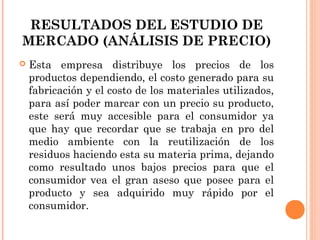 RESULTADOS DEL ESTUDIO DE
MERCADO (ANÁLISIS DE PRECIO)


Esta empresa distribuye los precios de los
productos dependiendo, el costo generado para su
fabricación y el costo de los materiales utilizados,
para así poder marcar con un precio su producto,
este será muy accesible para el consumidor ya
que hay que recordar que se trabaja en pro del
medio ambiente con la reutilización de los
residuos haciendo esta su materia prima, dejando
como resultado unos bajos precios para que el
consumidor vea el gran aseso que posee para el
producto y sea adquirido muy rápido por el
consumidor.

 