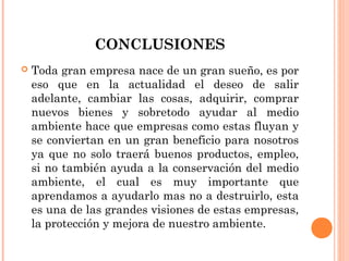 CONCLUSIONES


Toda gran empresa nace de un gran sueño, es por
eso que en la actualidad el deseo de salir
adelante, cambiar las cosas, adquirir, comprar
nuevos bienes y sobretodo ayudar al medio
ambiente hace que empresas como estas fluyan y
se conviertan en un gran beneficio para nosotros
ya que no solo traerá buenos productos, empleo,
si no también ayuda a la conservación del medio
ambiente, el cual es muy importante que
aprendamos a ayudarlo mas no a destruirlo, esta
es una de las grandes visiones de estas empresas,
la protección y mejora de nuestro ambiente.

 