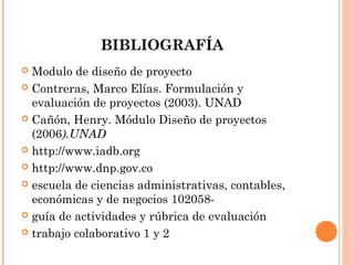 BIBLIOGRAFÍA
Modulo de diseño de proyecto
 Contreras, Marco Elías. Formulación y
evaluación de proyectos (2003). UNAD
 Cañón, Henry. Módulo Diseño de proyectos
(2006).UNAD
 http://www.iadb.org
 http://www.dnp.gov.co
 escuela de ciencias administrativas, contables,
económicas y de negocios 102058 guía de actividades y rúbrica de evaluación
 trabajo colaborativo 1 y 2


 