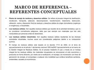 MARCO DE REFERENCIA –
REFERENTES CONCEPTUALES
Planta de manejo de residuos y desechos sólidos: Se refiere al proceso integral de clasificación,
recolección, transporte, selección, descomposición, transformación, tratamiento, destrucción,
utilización, venta y disposición final de residuos y desechos sólidos de origen domiciliarios (orgánicos
e inorgánicos), e industriales.
Los residuos sólidos: Son aquellos residuos sólidos que resultan de la actividad doméstica, que no
se consideran normalmente peligrosos, dado que casi siempre son materiales que han sido
manipulados por personas antes de desecharse.
Los residuos sólidos industriales: Son aquellos residuos sólidos resultantes de las diversas
actividades industriales, muchas veces son considerados peligrosos debido a su composición
química.
Él manejo de residuos sólidos está basado en la decreto 1713 de 2002, en el tema de
aprovechamiento en el artículo 1 del decreto nacional 1505 de2003 “aprovechamiento en el marco de
la Gestión Integral de Residuos Sólidos. Es el proceso mediante el cual, a través de un manejo
integral de los residuos sólidos, los materiales recuperados se reincorporan al ciclo económico y
productivo en forma eficiente, por medio de la reutilización, el reciclaje o la incineración con fines de
generación de energía, el compostaje o cualquier otra modalidad que conlleve beneficios sanitarios,
ambientales, sociales y/o económicos.


 