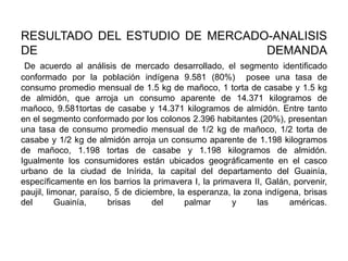 RESULTADO DEL ESTUDIO DE MERCADO-ANALISIS
DE
DEMANDA
De acuerdo al análisis de mercado desarrollado, el segmento identificado
conformado por la población indígena 9.581 (80%) posee una tasa de
consumo promedio mensual de 1.5 kg de mañoco, 1 torta de casabe y 1.5 kg
de almidón, que arroja un consumo aparente de 14.371 kilogramos de
mañoco, 9.581tortas de casabe y 14.371 kilogramos de almidón. Entre tanto
en el segmento conformado por los colonos 2.396 habitantes (20%), presentan
una tasa de consumo promedio mensual de 1/2 kg de mañoco, 1/2 torta de
casabe y 1/2 kg de almidón arroja un consumo aparente de 1.198 kilogramos
de mañoco, 1.198 tortas de casabe y 1.198 kilogramos de almidón.
Igualmente los consumidores están ubicados geográficamente en el casco
urbano de la ciudad de Inírida, la capital del departamento del Guainía,
específicamente en los barrios la primavera I, la primavera II, Galán, porvenir,
paujil, limonar, paraíso, 5 de diciembre, la esperanza, la zona indígena, brisas
del
Guainía,
brisas
del
palmar
y
las
américas.

 