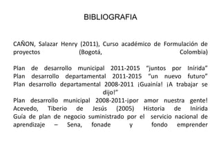 BIBLIOGRAFIA

CAÑON, Salazar Henry (2011), Curso académico de Formulación de
proyectos
(Bogotá,
Colombia)
Plan de desarrollo municipal 2011-2015 “juntos por Inírida”
Plan desarrollo departamental 2011-2015 “un nuevo futuro”
Plan desarrollo departamental 2008-2011 ¡Guainía! ¡A trabajar se
dijo!”
Plan desarrollo municipal 2008-2011-¡por amor nuestra gente!
Acevedo, Tiberio de Jesús (2005) Historia de Inírida
Guía de plan de negocio suministrado por el servicio nacional de
aprendizaje – Sena, fonade
y
fondo emprender

 