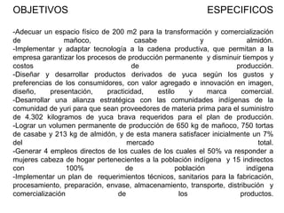 OBJETIVOS

ESPECIFICOS

-Adecuar un espacio físico de 200 m2 para la transformación y comercialización
de
mañoco,
casabe
y
almidón.
-Implementar y adaptar tecnología a la cadena productiva, que permitan a la
empresa garantizar los procesos de producción permanente y disminuir tiempos y
costos
de
producción.
-Diseñar y desarrollar productos derivados de yuca según los gustos y
preferencias de los consumidores, con valor agregado e innovación en imagen,
diseño,
presentación,
practicidad,
estilo
y
marca
comercial.
-Desarrollar una alianza estratégica con las comunidades indígenas de la
comunidad de yuri para que sean proveedores de materia prima para el suministro
de 4.302 kilogramos de yuca brava requeridos para el plan de producción.
-Lograr un volumen permanente de producción de 650 kg de mañoco, 750 tortas
de casabe y 213 kg de almidón, y de esta manera satisfacer inicialmente un 7%
del
mercado
total.
-Generar 4 empleos directos de los cuales de los cuales el 50% va responder a
mujeres cabeza de hogar pertenecientes a la población indígena y 15 indirectos
con
100%
de
población
indígena
-Implementar un plan de requerimientos técnicos, sanitarios para la fabricación,
procesamiento, preparación, envase, almacenamiento, transporte, distribución y
comercialización
de
los
productos.

 