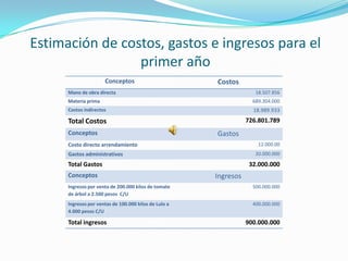 Estimación de costos, gastos e ingresos para el
                 primer año
                      Conceptos                        Costos
      Mano de obra directa                                           18.507.856
      Materia prima                                                 689.304.000
      Costos indirectos                                             18.989.933
      Total Costos                                                726.801.789
      Conceptos                                        Gastos
      Costo directo arrendamiento                                     12.000.00
      Gastos administrativos                                         20.000.000

      Total Gastos                                                 32.000.000
      Conceptos                                        Ingresos
      Ingresos por venta de 200.000 kilos de tomate                 500.000.000
      de árbol a 2.500 pesos C/U
      Ingresos por ventas de 100.000 kilos de Lulo a                400.000.000
      4.000 pesos C/U

      Total ingresos                                              900.000.000
 