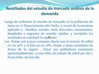 Resultados del estudio de mercado análisis de la
                   demanda
Luego de realizarse el estudio de mercado en la población de
  Isnos en el Departamento del Huila, a través de la encuesta
  aplicada a : familias, tiendas, mini mercados, restaurantes,
  hospitales y negocios de comida rápidas ;y arrojados los
  resultados se concluyó lo siguiente:
Las frutas con mayor consumo diario son el tomate de árbol
  en un 30% y el lulo en un 28%, frente a otras variedades de
  frutas de la región . Entre sus pobladores consumen
  aproximadamente 12.ooo kilos de tomate de árbol por día y
  8.000 kilos de lulo día.
 