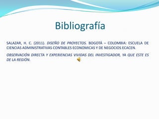 Bibliografía
SALAZAR, H. C. (2011). DISEÑO DE PROYECTOS. BOGOTÁ – COLOMBIA: ESCUELA DE
CIENCIAS ADMINISTRATIVAS CONTABLES ECONOMICAS Y DE NEGOCIOS ECACEN.
OBSERVACIÓN DIRECTA Y EXPERIENCIAS VIVIDAS DEL INVESTIGADOR, YA QUE ESTE ES
DE LA REGIÓN.
 