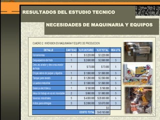 RESULTADOS DEL ESTUDIO TECNICO
NECESIDADES DE MAQUINARIA Y EQUIPOS
 