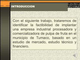 INTRODUCCION
Con el siguiente trabajo, trataremos de
identificar la factibilidad de implantar
una empresa industrial procesadora y
comercializadora de pulpa de fruta en el
municipio de Tumaco, basado en un
estudio de mercado, estudio técnico y
financiero.
 
