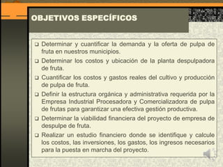 OBJETIVOS ESPECÍFICOS
 Determinar y cuantificar la demanda y la oferta de pulpa de
fruta en nuestros municipios.
 Determinar los costos y ubicación de la planta despulpadora
de fruta.
 Cuantificar los costos y gastos reales del cultivo y producción
de pulpa de fruta.
 Definir la estructura orgánica y administrativa requerida por la
Empresa Industrial Procesadora y Comercializadora de pulpa
de frutas para garantizar una efectiva gestión productiva.
 Determinar la viabilidad financiera del proyecto de empresa de
despulpe de fruta.
 Realizar un estudio financiero donde se identifique y calcule
los costos, las inversiones, los gastos, los ingresos necesarios
para la puesta en marcha del proyecto.
 