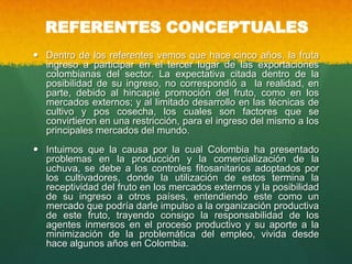 REFERENTES CONCEPTUALES
 Dentro de los referentes vemos que hace cinco años, la fruta
ingreso a participar en el tercer lugar de las exportaciones
colombianas del sector. La expectativa citada dentro de la
posibilidad de su ingreso, no correspondió a la realidad, en
parte, debido al hincapié promoción del fruto, como en los
mercados externos; y al limitado desarrollo en las técnicas de
cultivo y pos cosecha, los cuales son factores que se
convirtieron en una restricción, para el ingreso del mismo a los
principales mercados del mundo.
 Intuimos que la causa por la cual Colombia ha presentado
problemas en la producción y la comercialización de la
uchuva, se debe a los controles fitosanitarios adoptados por
los cultivadores, donde la utilización de estos termina la
receptividad del fruto en los mercados externos y la posibilidad
de su ingreso a otros países, entendiendo este como un
mercado que podría darle impulso a la organización productiva
de este fruto, trayendo consigo la responsabilidad de los
agentes inmersos en el proceso productivo y su aporte a la
minimización de la problemática del empleo, vivida desde
hace algunos años en Colombia.
 