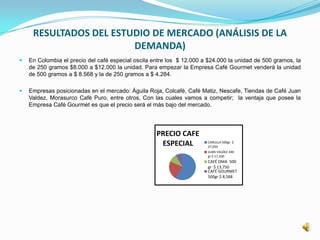 RESULTADOS DEL ESTUDIO DE MERCADO (ANÁLISIS DE LA
DEMANDA)
 En Colombia el precio del café especial oscila entre los $ 12.000 a $24.000 la unidad de 500 gramos, la
de 250 gramos $8.000 a $12.000 la unidad. Para empezar la Empresa Café Gourmet venderá la unidad
de 500 gramos a $ 8.568 y la de 250 gramos a $ 4.284.
 Empresas posicionadas en el mercado: Águila Roja, Colcafé, Café Matiz, Nescafe, Tiendas de Café Juan
Valdez, Morasurco Café Puro, entre otros, Con las cuales vamos a competir; la ventaja que posee la
Empresa Café Gourmet es que el precio será el más bajo del mercado.
PRECIO CAFE
ESPECIAL CARULLA 500gr $
27,050
JUAN VALDEZ 340
gr $ 17,100
CAFÉ OMA 500
gr $ 13,750
CAFÉ GOURMET
500gr $ 8,568
 