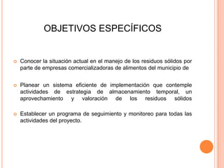 OBJETIVOS ESPECÍFICOS



Conocer la situación actual en el manejo de los residuos sólidos por
parte de empresas comercializadoras de alimentos del municipio de



Planear un sistema eficiente de implementación que contemple
actividades de estrategia de almacenamiento temporal, un
aprovechamiento y valoración de los residuos sólidos



Establecer un programa de seguimiento y monitoreo para todas las
actividades del proyecto.

 