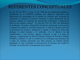 La ley 99 de 1993 y la ley 42 de 1994 de la constitución política y
actualizada en el CONPES establece tres objetivos específicos que
determinan las prioridades de la gestión en residuos que consisten en
minimizar la cantidad de basuras, aumentar el aprovechamiento de las
mismas, mejorar los sistemas de eliminación tratamiento y disposición
final de los residuos sólidos". “El Decreto 4741 de 2005, del Ministerio
de Ambiente, Vivienda y Desarrollo Territorial, reglamenta la prevención
y manejo de residuos o desechos peligrosos y tiene por objetivo prevenir
la generación de residuos peligrosos y regular el manejo de éstos para
proteger la salud humana y el ambiente. Con el objetivo de dar
cumplimiento a este decreto, algunas empresas se dan a la tarea de
elaborar e implementar un Plan de Manejo Integral de Residuos Sólidos
(PMIRS), mediante el cual se establecen las estrategias que permiten dar
a todos los residuos generados por ellas mismas, un manejo técnico
apropiado, el cual contempla la minimización de basuras, por medio el
reciclaje, la recolección, el tratamiento de la misma”.
 