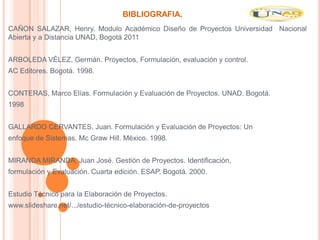 BIBLIOGRAFIA.
CAÑON SALAZAR, Henry. Modulo Académico Diseño de Proyectos Universidad Nacional
Abierta y a Distancia UNAD, Bogotá 2011


ARBOLEDA VÉLEZ, Germán. Proyectos, Formulación, evaluación y control.
AC Editores. Bogotá. 1998.


CONTERAS, Marco Elías. Formulación y Evaluación de Proyectos. UNAD. Bogotá.
1998


GALLARDO CERVANTES, Juan. Formulación y Evaluación de Proyectos: Un
enfoque de Sistemas. Mc Graw Hill. México. 1998.


MIRANDA MIRANDA, Juan José. Gestión de Proyectos. Identificación,
formulación y Evaluación. Cuarta edición. ESAP. Bogotá. 2000.


Estudio Técnico para la Elaboración de Proyectos.
www.slideshare.net/.../estudio-técnico-elaboración-de-proyectos
 