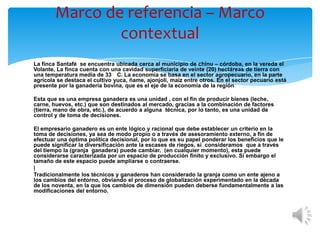 Marco de referencia – Marco
                contextual
La finca Santafé se encuentra ubicada cerca al municipio de chinu – córdoba, en la vereda el
Volante, La finca cuenta con una cavidad superficiaria de veinte (20) hectáreas de tierra con
una temperatura media de 33 C. La economía se basa en el sector agropecuario, en la parte
agrícola se destaca el cultivo yuca, ñame, ajonjolí, maíz entre otros. En el sector pecuario está
presente por la ganadería bovina, que es el eje de la economía de la región

Esta que es una empresa ganadera es una unidad , con el fin de producir bienes (leche,
carne, huevos, etc.) que son destinados al mercado, gracias a la combinación de factores
(tierra, mano de obra, etc.), de acuerdo a alguna técnica, por lo tanto, es una unidad de
control y de toma de decisiones.

El empresario ganadero es un ente lógico y racional que debe establecer un criterio en la
toma de decisiones, ya sea de modo propio o a través de asesoramiento externo, a fin de
efectuar una óptima política decisional, por lo que es su papel ponderar los beneficios que le
puede significar la diversificación ante la escases de riegos, si consideramos que a través
del tiempo la (granja ganadera) puede cambiar. (en cualquier momento), esta puede
considerarse caracterizada por un espacio de producción finito y exclusivo. Si embargo el
tamaño de este espacio puede ampliarse o contraerse.
|
Tradicionalmente los técnicos y ganaderos han considerado la granja como un ente ajeno a
los cambios del entorno, obviando el proceso de globalización experimentado en la década
de los noventa, en la que los cambios de dimensión pueden deberse fundamentalmente a las
modificaciones del entorno.
 