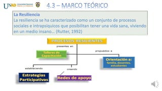 La resiliencia se ha caracterizado como un conjunto de procesos
sociales e intrapsíquicos que posibilitan tener una vida sana, viviendo
en un medio insano… (Rutter, 1992)
 
