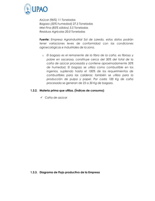 Azúcar (96%) 11 Toneladas
      Bagazo (50% humedad) 27.5 Toneladas
      Miel Fina (85% sólidos) 3.5 Toneladas
      Residuos Agrícolas 20.0 Toneladas

      Fuente: Empresa Agroindustrial Sol de Laredo, estos datos podrán
      tener variaciones leves de conformidad con las condiciones
      agroecológicas e industriales de la zona.

        o   El bagazo es el remanente de la fibra de la caña, es fibroso y
            pobre en sacarosa, constituye cerca del 30% del total de la
            caña de azúcar procesada y contiene aproximadamente 50%
            de humedad. El bagazo se utiliza como combustible en los
            ingenios, supliendo hasta el 100% de los requerimientos de
            combustibles para las calderas; también se utiliza para la
            producción de pulpa y papel. Por cada 100 Kg de caña
            procesada se generan de 25 a 30 Kg de bagazo.

1.3.2. Materia prima que utiliza, (Índices de consumo)

        Caña de azúcar




1.3.3. Diagrama de Flujo productivo de la Empresa
 