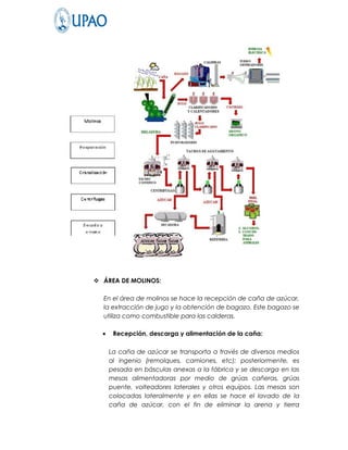  ÁREA DE MOLINOS:

  En el área de molinos se hace la recepción de caña de azúcar,
  la extracción de jugo y la obtención de bagazo. Este bagazo se
  utiliza como combustible para las calderas.

  •    Recepción, descarga y alimentación de la caña:

      La caña de azúcar se transporta a través de diversos medios
      al ingenio (remolques, camiones, etc); posteriormente, es
      pesada en básculas anexas a la fábrica y se descarga en las
      mesas alimentadoras por medio de grúas cañeras, grúas
      puente, volteadores laterales y otros equipos. Las mesas son
      colocadas lateralmente y en ellas se hace el lavado de la
      caña de azúcar, con el fin de eliminar la arena y tierra
 