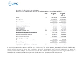 El estado de ganancias y pérdidas del año 2011 comparado con el año anterior, demuestra una mayor utilidad neta,
debido al incremento en la venta, que me da una ganancia bruta superior al año anterior, respecto a los gastos de
venta y administrativos reflejan un incremento respecto del anterior año, los gastos financieros, ingresos financieros y
diferencias de cambio que han disminuido, por consecuencia un incremento en la utilidad neta.
 