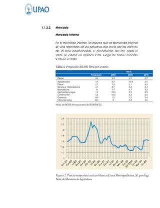 1.1.2.3.   Mercado

           Mercado Interno

           En el mercado interno, se espera que la demanda interna
           se vea afectada en los próximos dos años por los efectos
           de la crisis internacional. El crecimiento del PBI, para el
           2009, se estima en apenas 2.2%, luego de haber crecido
           9.8% en el 2008.
 