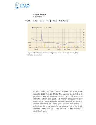 Azúcar blanca
           Colombia.

1.1.2.5.   Entorno económico (índices estadísticos).




           La producción de azúcar de la empresa en el segundo
           trimestre 2009 fue de 31,186 TM, superior en 3.15% a lo
           producido en el trimestre anterior y 1.18% menor al
           trimestre similar del 2008. La menor producción con
           respecto al mismo periodo del año anterior se debió a
           menor sacarosa en caña por efectos climáticos. La
           estructura de la producción de azúcar, en el segundo
           trimestre 2009, fue de 2.12% crudos, 34.34% blanca y
           63.54% refinada.
 